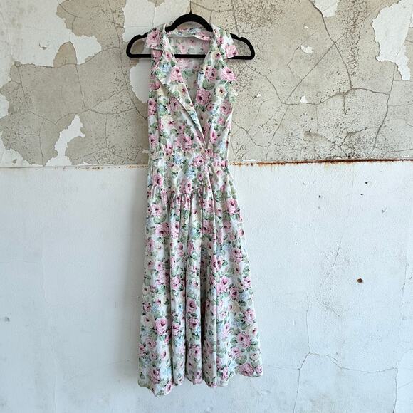 Vintage Dresses & Skirts - Vintage 1950s Pink Dress Floral Sleeveless Midi Collared V Neck A‎ Line Cotton S